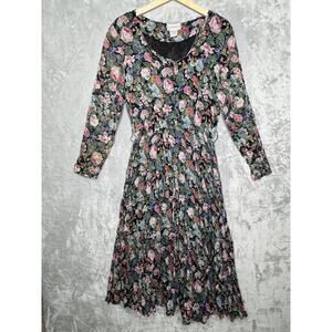 Vintage S Roberts Dress Womens 11/12 Black Floral Button Up 90s Boho Cottagecore